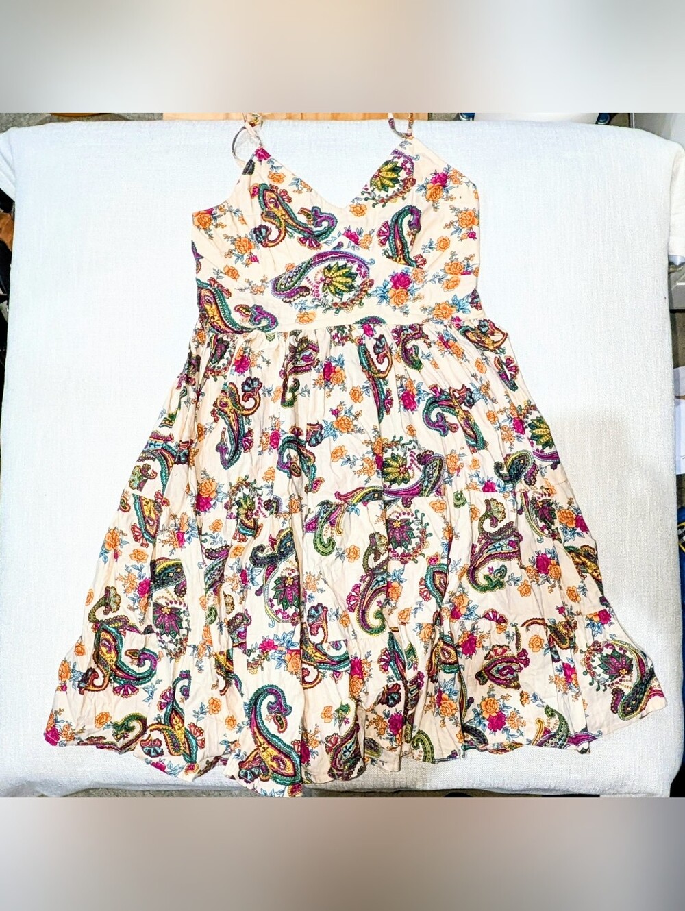 Cream Paisley Floral Mini Dress with Spaghetti Straps